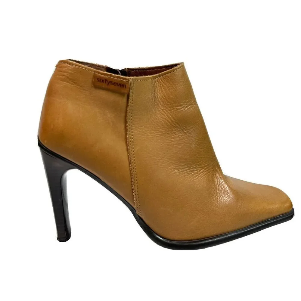 Y2K Anthropologie Sixty Seven 67 Tan High Heel Ankle Booties Square Toe Skinny H
